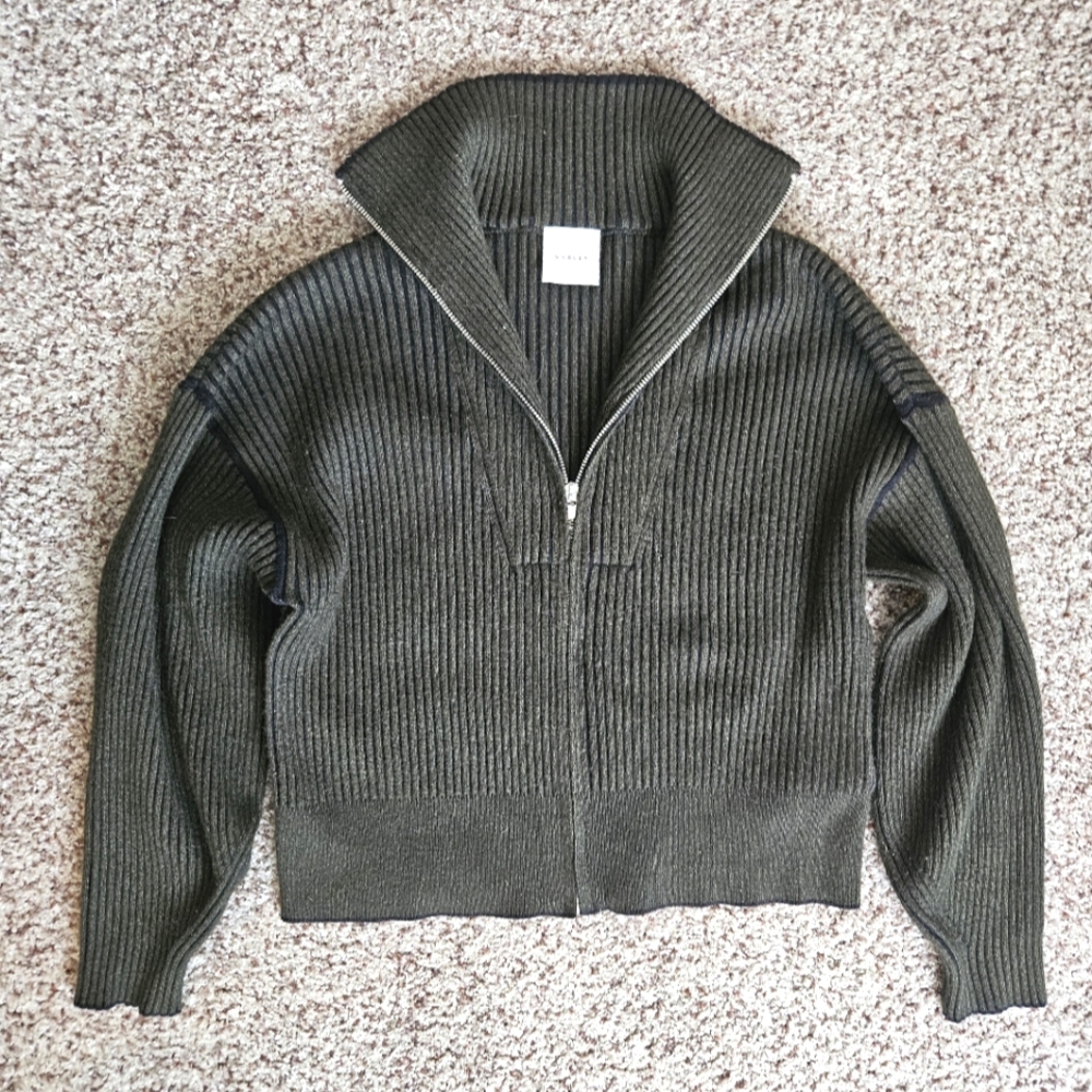 Varley Carmen Zip Through Rib Knit Sweater Green